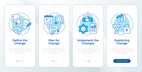 Wall Mural - stages of organizational change blue onboarding mobile app screen. walkthrough 4 steps editable grap