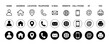 © Dear Lala - Contact information icon for business card. Containing name, address, map pin, globe, e-mail, location, website, fax, phone call at symbol. Silhouette and outline circle style. Vector illustration.