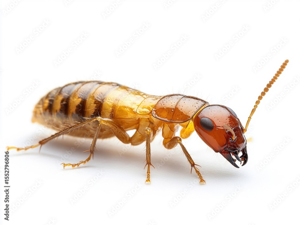 This close-up features a translucent insect with a reddish head and ...