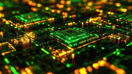 An illuminated green and yellow circuit board illustration