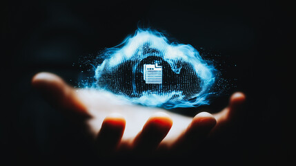 Wall Mural - digital cloud in hand: a glowing digital cloud emanates from an outstretched hand, symbolizing innov