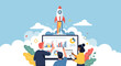 © meeblues - Adobe illustrator vector flat style illustration: A diverse team analyzes business charts on a large screen as a rocket launches upwards, symbolizing growth and startup success
