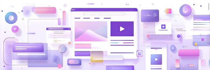 Abstract digital illustration of a website interface with pastel colors and various graphic elements, showcasing a modern and sleek design