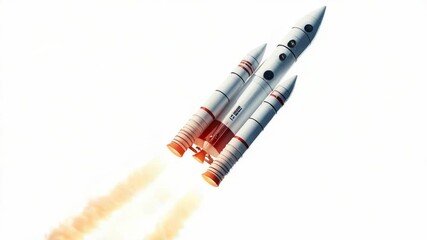 A space shuttle blasting off into the sky with clouds and blue atmosphere