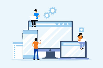 business developer team working on device monitor concept. flat vector illustration cartoon design
