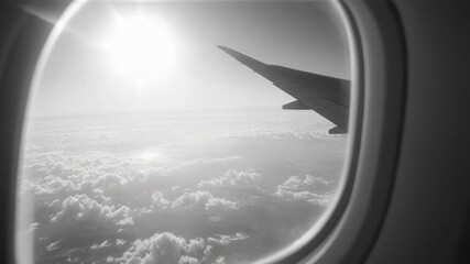Wall Mural - a view of fluffy clouds and blue sky through an airplane window