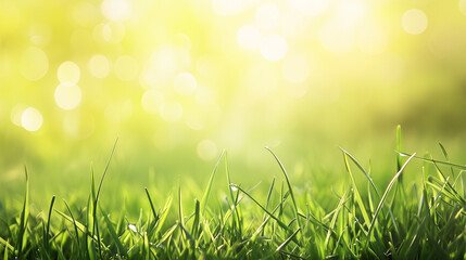 Wall Mural - a fresh spring sunny garden background of green grass and blurred foliage bokeh.