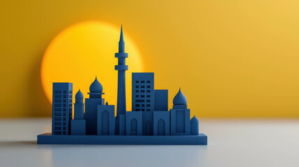 Wall Mural - blue silhouette of city skyline against warm yellow background, featuring towers, domes, and modern 