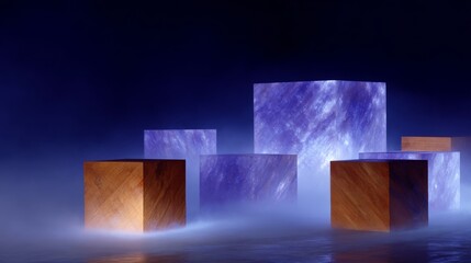 Wall Mural - A captivating scene features glowing cubes arranged within a misty environment. The interplay of light and wood creates a surreal atmosphere. This image can be used for art or design purposes. AI