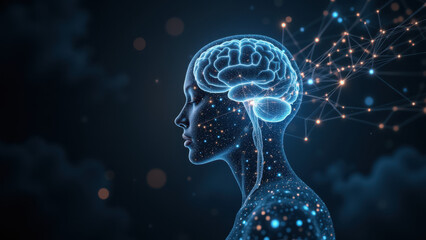 Wall Mural - A digital illustration featuring a human head with a focus on the brain, showcasing VNS or vagus nerve stimulation.