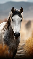 Naklejka na meble Majestic gray horse wandering through golden grassland at sunset near sprawling mountains