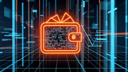 Neon crypto wallet symbol with circuit code background glowing orange on tech interface screen. Blockchain cybersecurity concept