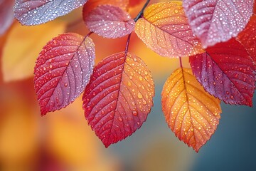 Wall Mural - Vibrant Autumn Leaves with Dew Drops - Perfect for Seasonal Design and Nature Decor