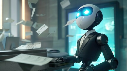 Friendly humanoid robot with glowing eyes working at desk with laptop in cozy office. Futuristic technology concept background