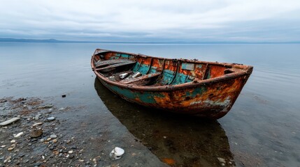 Naklejka na meble A weathered, rusty boat lies on the still water's edge, reflecting a moody sky, evoking feelings of nostalgia and the passage of time in a serene natural setting.