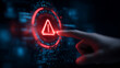 © Enrique - System warning alert on virtual interface with hand interaction. Concept of cybersecurity risk, data breach, malware, hacking, IT failure, and digital system vulnerability in modern technology