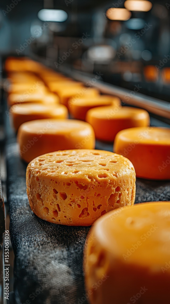Freshly made cheddar cheese rounds on a conveyor belt in a production ...