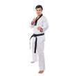 © suphaporn - Confident martial artist man wearing white traditional taekwondo uniform with black belt, standing in fighting stance, ready for action, training or competition, isolated on a transparent background