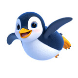 Flying Penguin Cartoon: A cheerful cartoon penguin takes flight, wings outstretched, expressing boundless joy and playful energy.