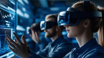 Wall Mural - software engineers interacting with virtual reality using a futuristic headset and touchscreen inter