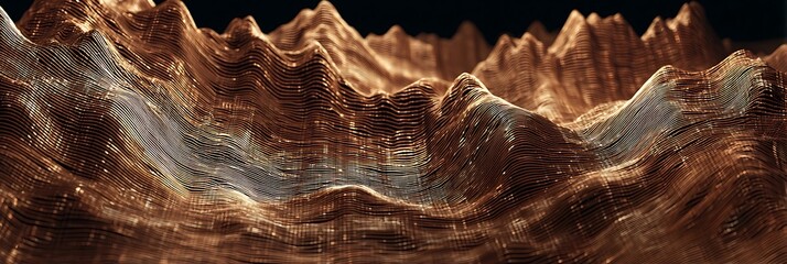 Copper-toned terrain built from stacked charts and line graph ridges
