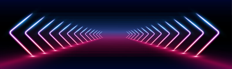 Wall Mural - laser show in a аuturistic corridor. neon lamps light up a dark tunnel with reflected arrows guiding