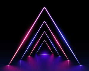 Wall Mural - laser show in a аuturistic corridor. neon lamps light up a dark tunnel with reflected arrows guiding