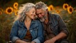 © svastix - A beautiful moment captured of an older couple sitting together amidst a field of sunflowers, radiating joy and affectionate warmth in a serene natural setting.
