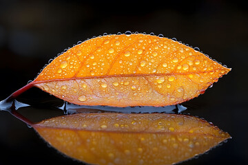Wall Mural - Vibrant Autumn Leaf with Dew Drops Reflecting Tranquility in Nature Photography