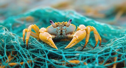 Close-up of a yellow crab standing on a tangled blue fishing net with a blurred background, showing detailed texture and sharp claws