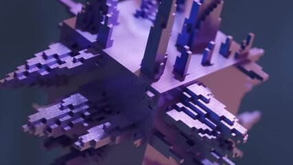 Wall Mural - Purple pixelated cube slowly rotating and transforming, with extruding pixelated structures, on a dark background, creating a mesmerizing visual effect