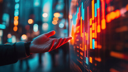Wall Mural - businessman holding virtual graph showing profits from stock market investment and finance