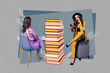© deagreez - Pop zine full art photo collage of two happy girls academic sit stool book stack library visitor education university learner