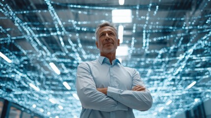 Wall Mural - confident chief technology officer in smart data warehouse with digital energy lines lighting space.