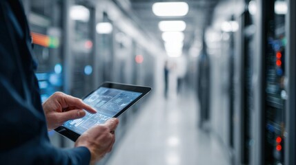 Wall Mural - data innovation leader inside streaming data corridor, real-time diagnostics on digital pad.