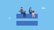 © Saklarboy - Vector illustration of businessman and businesswoman working on laptop sitting over the equal sign. Gender equality, equal women and men at the office workplace, work or social rights issue concept.