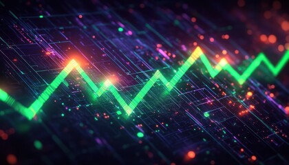 Glowing green zigzag line chart on a dark futuristic digital grid background symbolizing data analysis and upward trend with vibrant orange and purple light effects