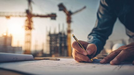 Wall Mural - focused robotic engineer planning build on paper, background reveals tall construction robot in rech