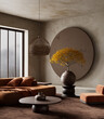 © Salih - A calm living room with earthy tones and natural textures. 3D illustration