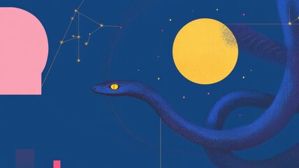 Wall Mural - Abstract cosmic snake with yellow moon on deep blue background
