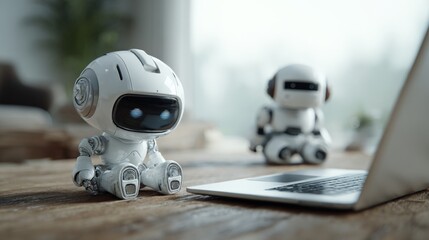 Wall Mural - professional planning robot technology in notebook while energy-driven robot waits behind.