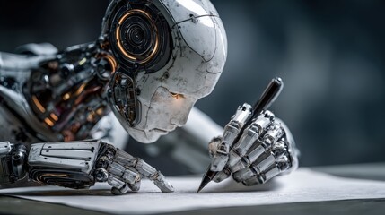 Wall Mural - robot designer intensely writing notes with one hand, the other on keyboard, construction robot in g