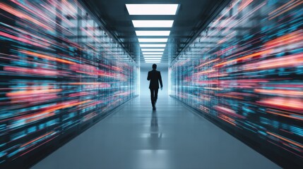 Wall Mural - tech executive inside ai-powered data room, light trails of real-time transfer operations.