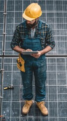 Wall Mural - vertical view of energetic engineer working on digital tablet with solar panels and tools around.
