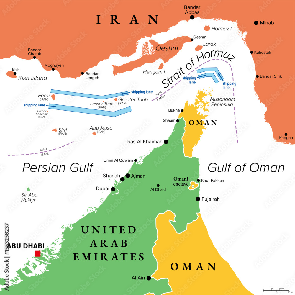 Strait of Hormuz, colored political map showing the shipping lanes. Sea  passage from Persian Gulf to