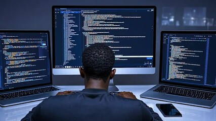 Programmer Working Late Night on Multiple Screens