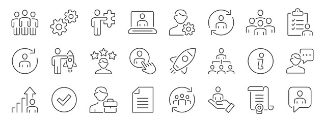 Business, startup, management, audit, employee, teamwork, process thin line icons set. Editable stroke. Vector