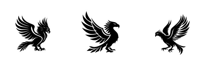 Wall Mural - Black icon set featuring stylized black birds with detailed wings, designed for creative projects or graphic design needs