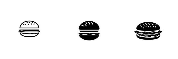 Wall Mural - Set of black icon designs featuring various styles of burgers on a clean white background
