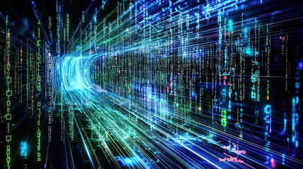 Abstract digital tunnel with streaming binary code and light trails, suggesting data flow or cyberspace.